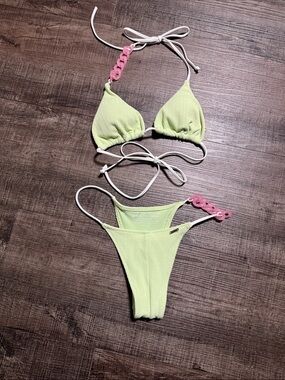 White Fox Boutique Light Lime Bikini with Pink Chain Detail